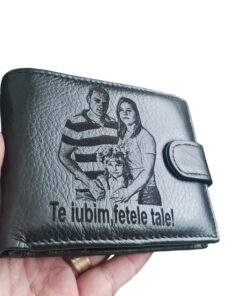 Portofel personalizat piele naturala negru cu capsa Te iubim Fetele Tale